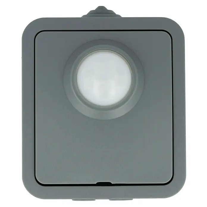 Voltomat Blueline Sensor-Schalter - Grau, Matt, 1-fach, Ausrichtung Schalterprogramm: Horizontal, Aufputzmontage, Schutzart: IP54 - Nahaufnahme einer quadratischen, grauen Bewegungsmelder-Außenleuchte mit einem runden Sensor in der Mitte.