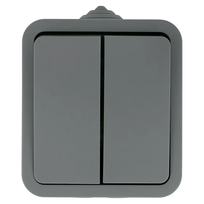 Voltomat Blueline Feuchtraum-Serienschalter - Grau, Aufputzmontage, IP54 - Nahaufnahme eines grauen Doppel-Lichtschalters an einer Wand, ein funktionales und stilvolles Element der Inneneinrichtung.