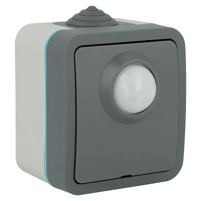 Voltomat Blueline Sensor-Schalter - Grau, Matt, 1-fach, Ausrichtung Schalterprogramm: Horizontal, Aufputzmontage, Schutzart: IP54 - Nahaufnahme eines grauen Bewegungsmelders mit abgerundeten Ecken und einem kegelförmigen Aufsatz.
