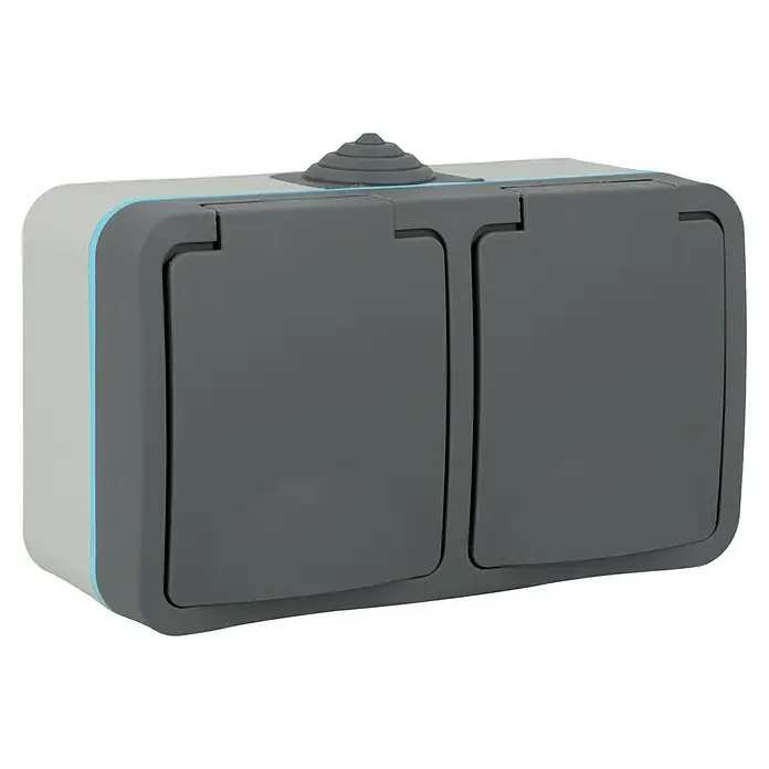 Voltomat Blueline Feuchtraum-Steckdose - 2-fach, Horizontal, IP54, Grau - Ein grauer, doppelter, wetterfester Schalter. Ideal für den Außenbereich, um elektrische Geräte sicher anzuschließen.