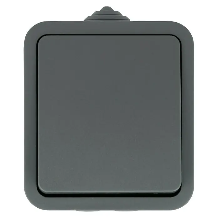 Voltomat Blueline Feuchtraum-Wechselschalter - Grau, Aufputzmontage, IP54 - Grauer, quadratischer Lichtschalter mit abgerundeten Ecken, ideal für moderne Innenräume.