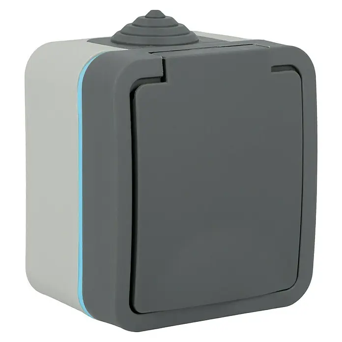 Voltomat Blueline Feuchtraum-Steckdose - 1-fach, Horizontal, IP54, Grau - Detailaufnahme einer grauen, wasserdichten Steckdose mit einem hellgrauen Rand und einem blauen Akzentstreifen, ideal für den Außenbereich.