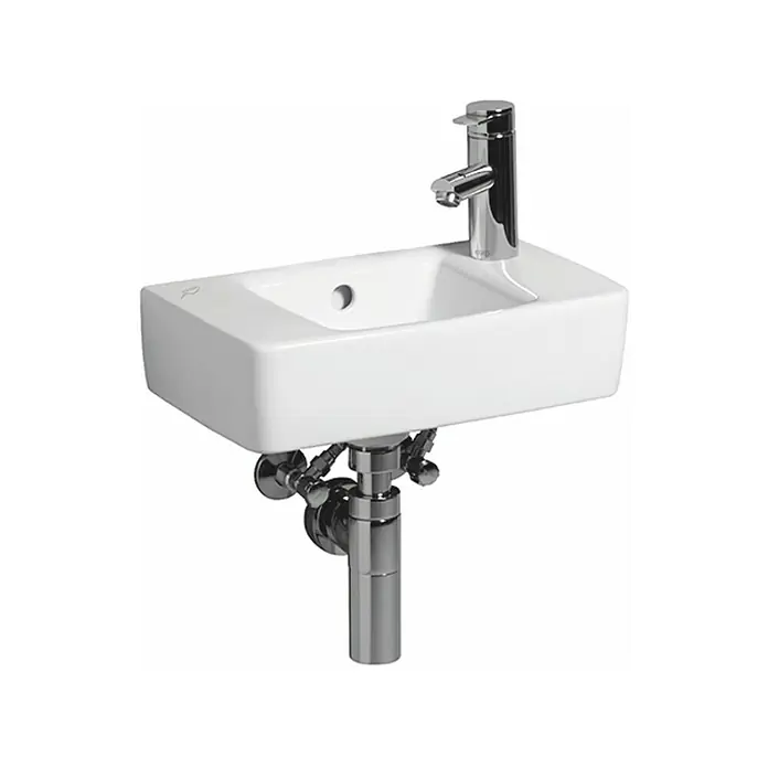 Geberit Renova Plan Waschbecken - 40 x 25 cm, Ohne Spezialglasur, Hahnloch: Rechts, Mit Überlauf, Weiß - Ein elegantes, weißes Aufsatzwaschbecken mit einem modernen Chromhahn, das Stil und Funktionalität in jedem Badezimmer vereint.