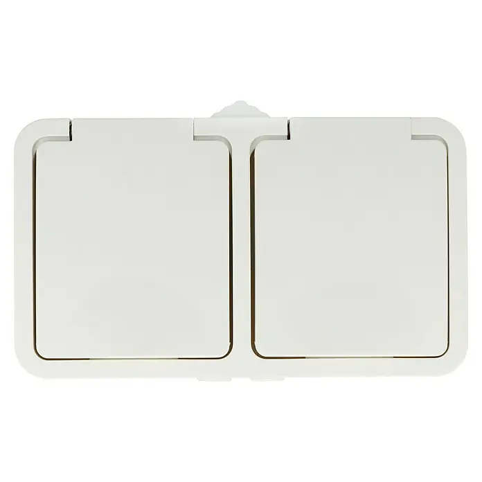 Voltomat Blueline Feuchtraum-Steckdose - 2-fach, Horizontal, IP54, Weiß - Eine weiße Doppelbodensteckdose mit Klappdeckel, ideal für den Einsatz in Büros oder Wohnräumen, um Kabel ordentlich zu verstecken.