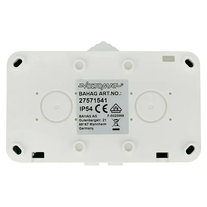 Voltomat Blueline Feuchtraum-Steckdose - 2-fach, Horizontal, IP54, Weiß - Ein weißes VOLTOMAT-Gerät mit der Artikelnummer 27571541, IP54-Schutz, CE-Kennzeichnung und Herstellerinformationen von BAHAG AG aus Deutschland.