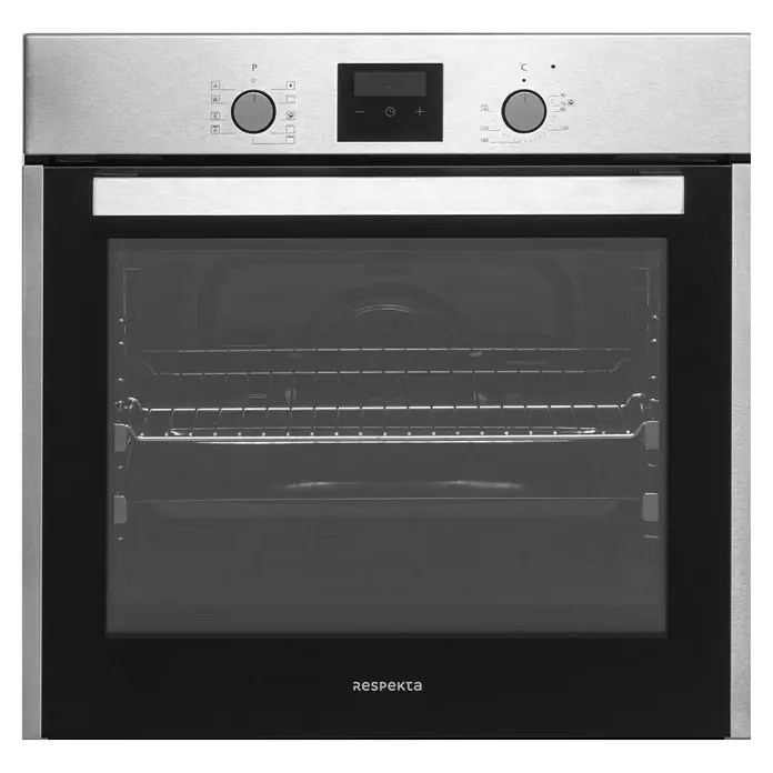 Respekta Einbaubackofen Diman - Anzahl Beheizungsarten: 8 Stk., Volumen Backofen: 60 l, Schwarz/Edelstahl - Nahaufnahme eines modernen Respekta-Backofens aus Edelstahl mit schwarzer Glastür und digitalen Bedienelementen.
