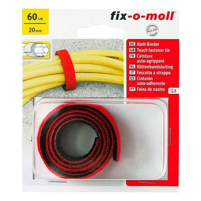 Fix-o-moll Klettbinder Universal - 60 cm x 20 mm, Schwarz/Rot - Bild von Fix-o-moll Klett-Binder 60cm. Das Produkt ist ein rotes Klettband, das zur Befestigung und Organisation von Kabeln dient.