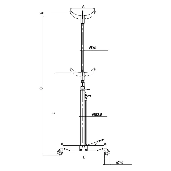 Bahco Getriebeheber BH5SP - Traglast: 500 kg - Abbildung eines Wagenhebers mit Maßangaben A, B, C, D, E und Ø30, Ø63.5, Ø75 für technische Details.