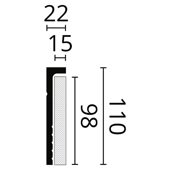 Nmc Decoflair Fußleiste Abdeckfußleiste CBC2 - 2 m x 2,2 cm x 11 cm, Hochverdichtetes extrudiertes Polymer (HDPS), 1 Stk. - Detailaufnahme einer Sockelleiste mit den Maßen 22 mm, 15 mm, 98 mm und 110 mm für präzise Planungen und Renovierungen.