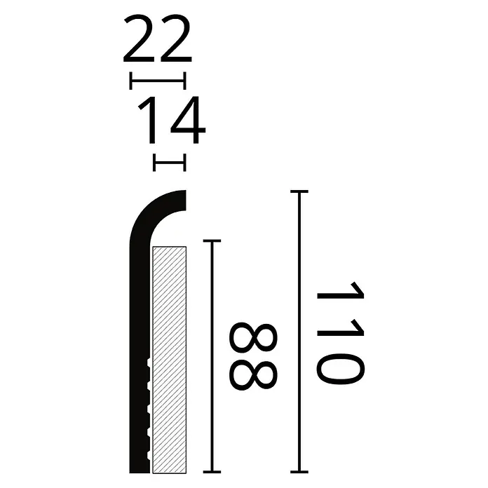 Nmc Decoflair Fußleiste Abdeckfußleiste CBC1 - 2 m x 22 mm x 110 mm, Hochverdichtetes extrudiertes Polymer (HDPS), 1 Stk. - Technische Zeichnung eines Profils mit den Maßen 22, 14, 88 und 110 zur Veranschaulichung der Abmessungen.