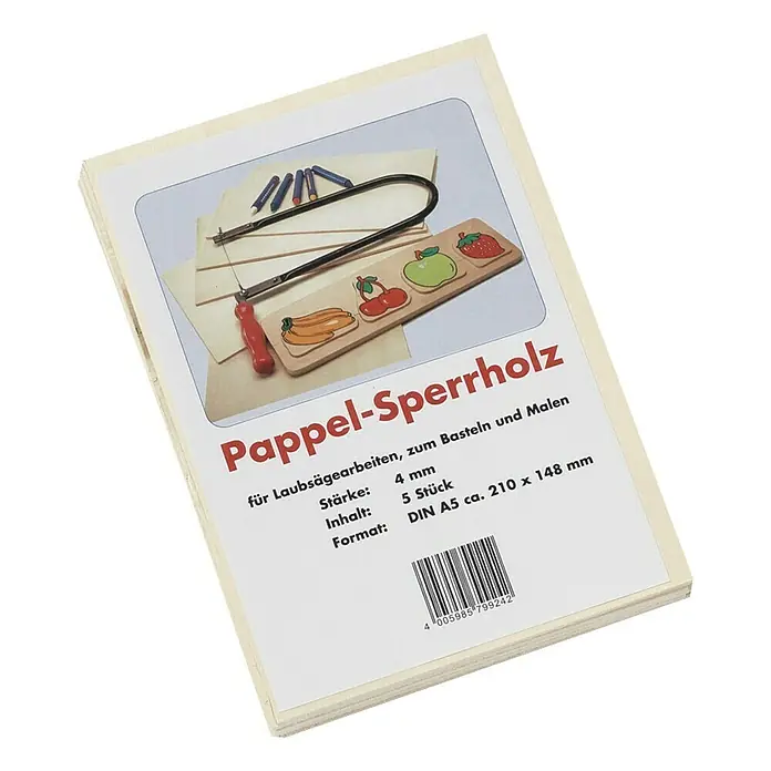 Sperrholz - Pappel, Format A5, 210 x 148 x 4 mm, 5 Stk. - Pappel-Sperrholz für Laubsägearbeiten, zum Basteln und Malen. Das Set enthält 5 Stück in DIN A5 Größe (210 x 148 mm) und ist 4 mm stark.