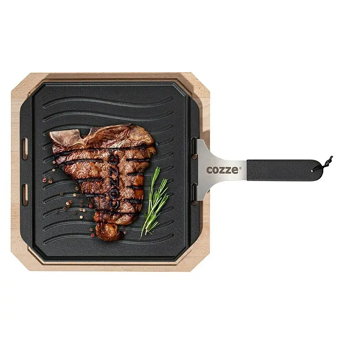Cozze Grillpfanne - L x B: 30 x 30 cm, Höhe: 1 cm, Gusseisen - Cozze Grillplatte aus Gusseisen mit Holzrahmen, ideal für die Zubereitung von Speisen im Freien und zum Grillen von Fleisch, Gemüse und vielem mehr.