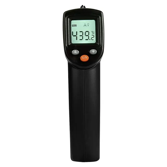 Cozze Grill-Thermometer - Messbereich 0 - 530° C - Schwarzes Infrarot-Thermometer mit LCD-Anzeige, das 439,2 °C anzeigt.