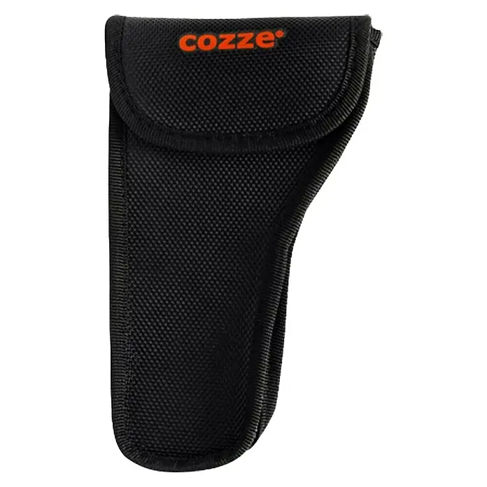 Cozze Grill-Thermometer - Messbereich 0 - 530° C - Schwarzes Holster der Marke Cozze mit orangem Logo, robust und perfekt für Werkzeuge oder Zubehör.