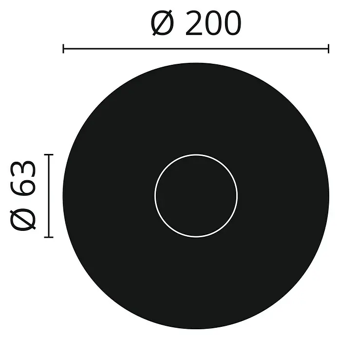 Nmc Decoflair Rosette M70 - Durchmesser: 20 cm, Hochverdichteter Polyurethanschaum (PU), Weiß, 1 Stk. - Schwarze runde Scheibe mit zentralem Loch und Maßangaben (Außendurchmesser 200, Lochdurchmesser 63).