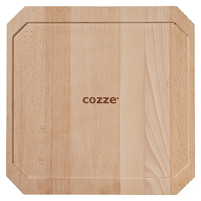 Cozze Grillpfanne - L x B: 30 x 30 cm, Höhe: 1 cm, Gusseisen - Ein rechteckiges Cozze-Schneidebrett aus Holz mit abgerundeten Ecken und einer Saftrille. Ideal zum Schneiden und Servieren von Speisen.