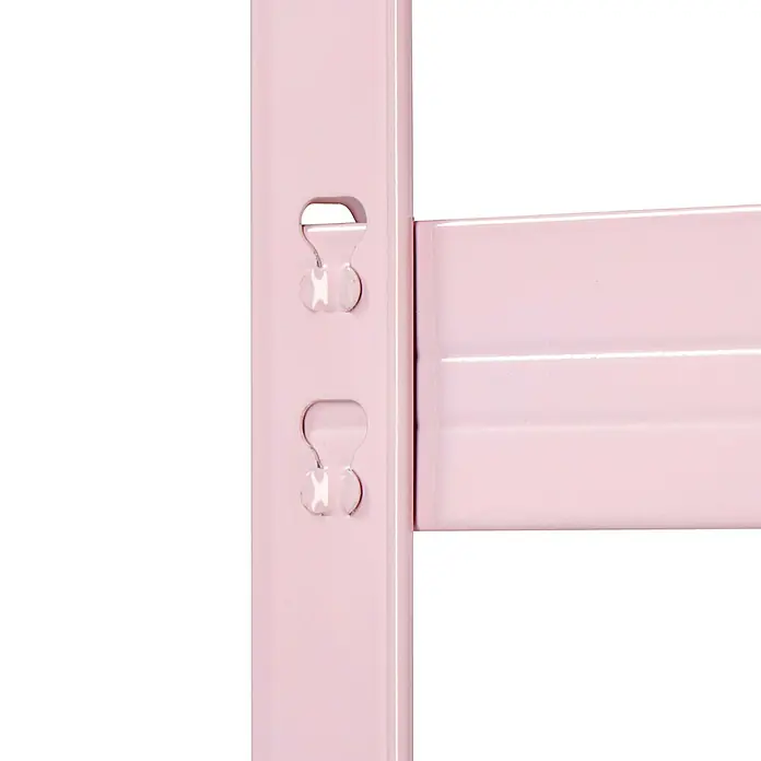 Regalux Metallregal - H x B x T: 180 x 90 x 40 cm, Traglast pro Boden: 175 kg, Anzahl Böden: 5 Stk., Rosa, Stecken - Nahaufnahme eines rosa lackierten Metallbettrahmens mit Verbindungsstücken.