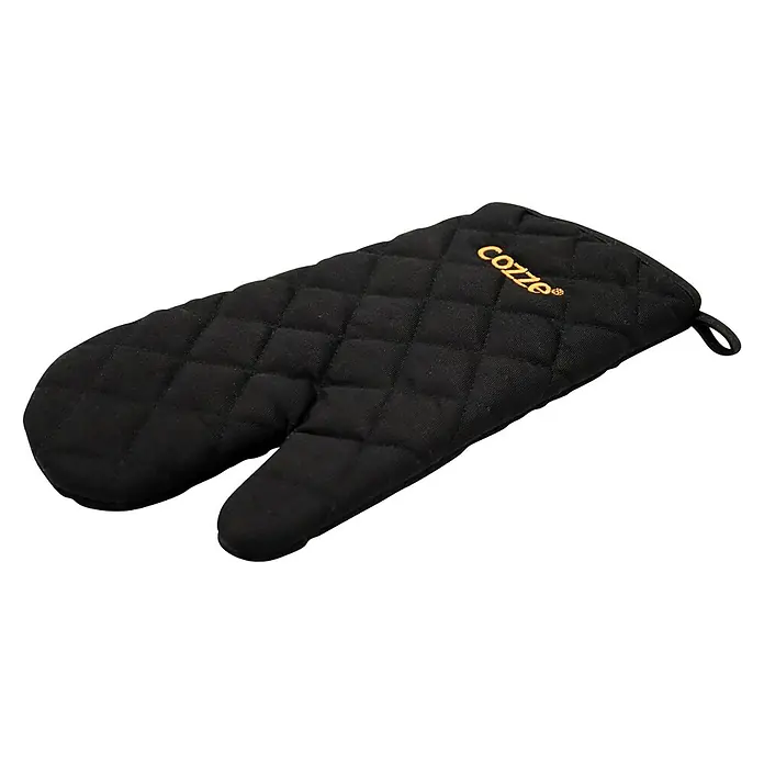 Cozze Grillhandschuh - Schwarz - Schwarzer Ofenhandschuh mit dem "Cozze"-Logo in Gold, ideal für den Hitzeschutz in der Küche.