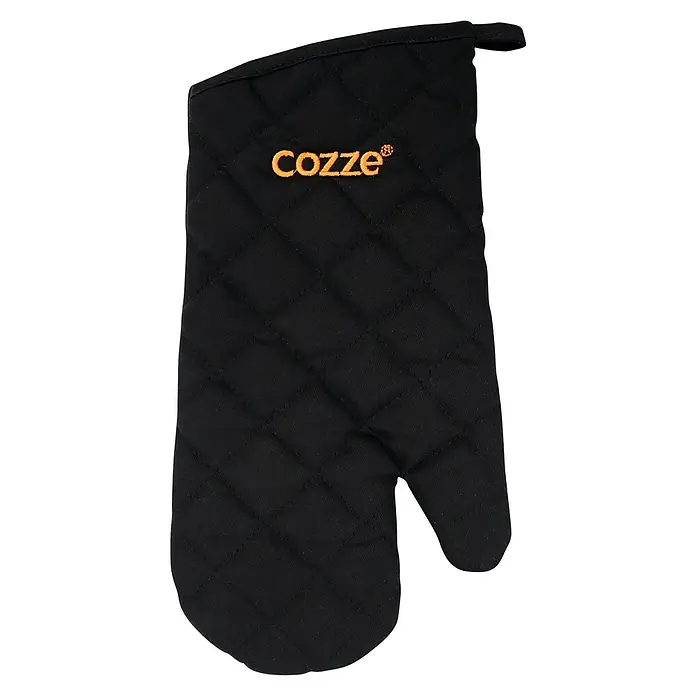 Cozze Grillhandschuh - Schwarz - Schwarzer Cozze-Ofenhandschuh mit Rautenmuster und gelbem Logo. Perfekt zum Schutz vor Hitze beim Kochen und Backen. Ein Muss für jede Küche!