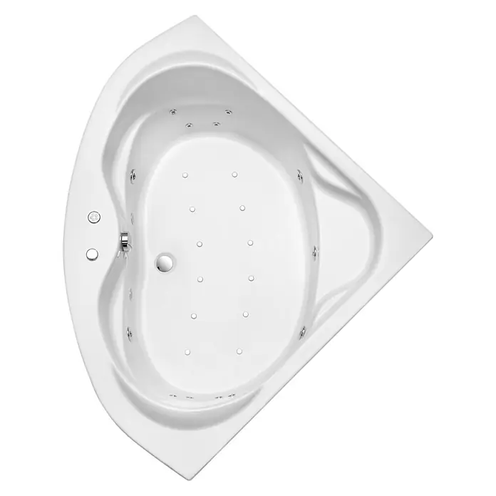 Ottofond Whirlpool Maya - 145 x 145 cm, Sanitäracryl, Weiß - Ein Überblick über eine moderne, dreieckige Whirlpool-Badewanne in Weiß mit eingebauten Düsen für ein entspannendes Badeerlebnis.