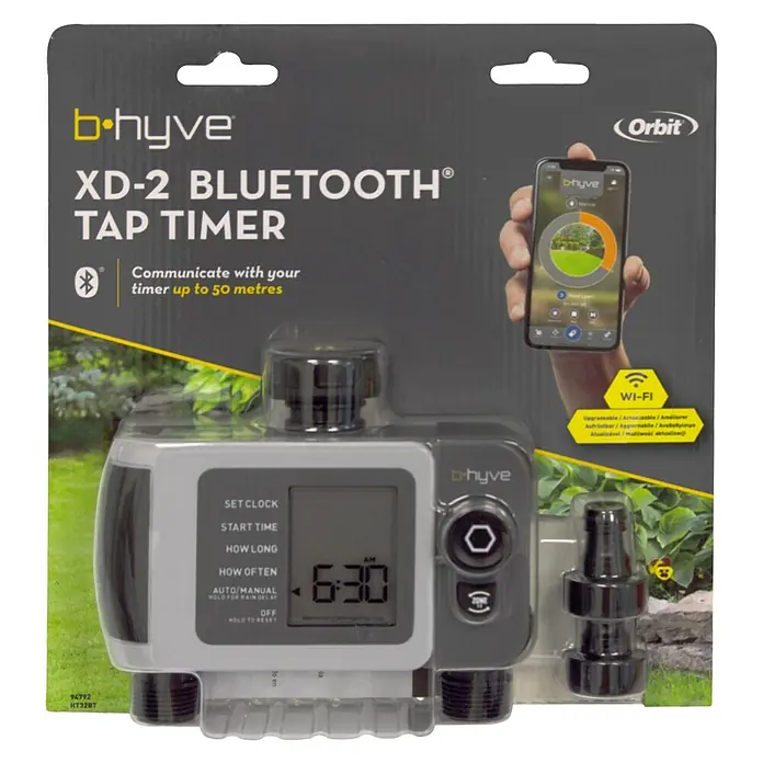 Programador de riego doble XD - ¾″, Específico para: 2 salidas - B-hyve XD-2 Bluetooth Tap Timer: Riego inteligente con control por app para un jardín eficiente.