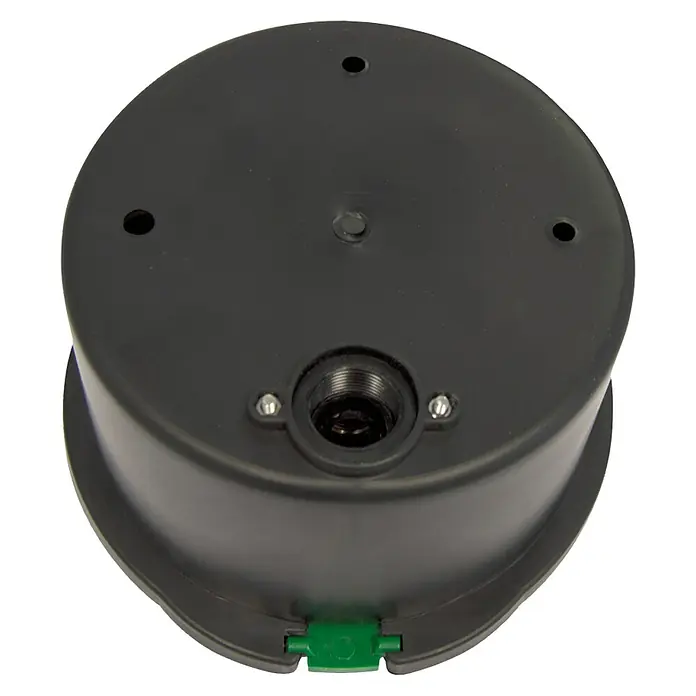 Arqueta redonda con tapa - Dimensión conexión: ¾″ - Dispositivo negro con carcasa redonda, orificios de montaje en la parte superior y conexión para cable.
