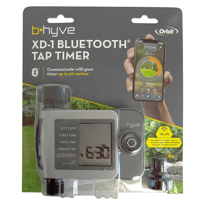 Programador de riego simple XD - ¾″, Específico para: 1 salida - La imagen muestra un temporizador de grifo Bluetooth B-Hyve XD-1 en su embalaje, que facilita el control del riego.