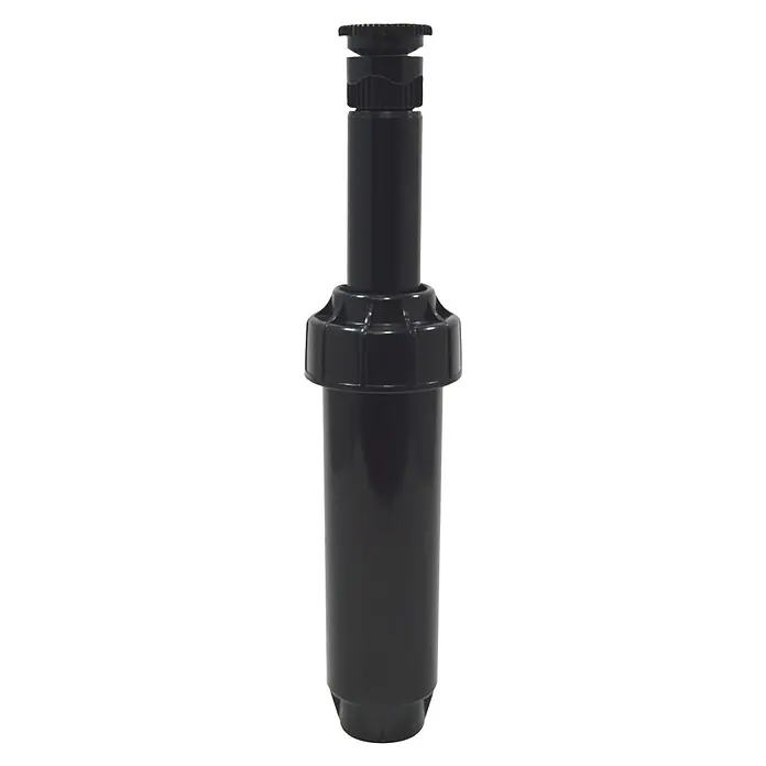 Orbit Aspersor emergente - 7,5 cm, Sector de riego por aspersión: 0 ° - 360 ° - Primer plano de un aspersor emergente negro para césped, típico para sistemas de riego de jardines.