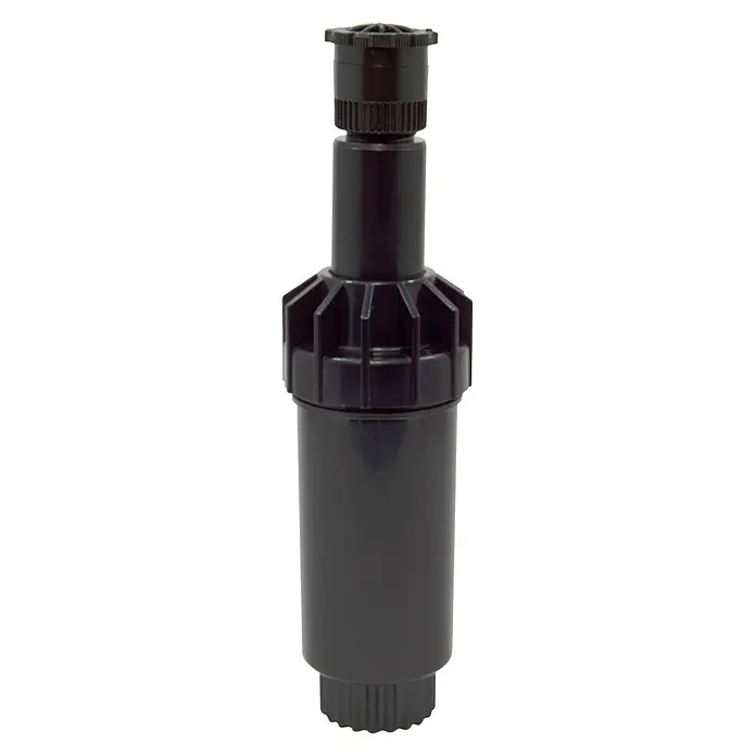 Orbit Aspersor emergente - 5 cm, Sector de riego por aspersión: 0 ° - 360 ° - Un aspersor de césped retráctil oscuro sobre un fondo negro, ideal para regar jardines y céspedes.