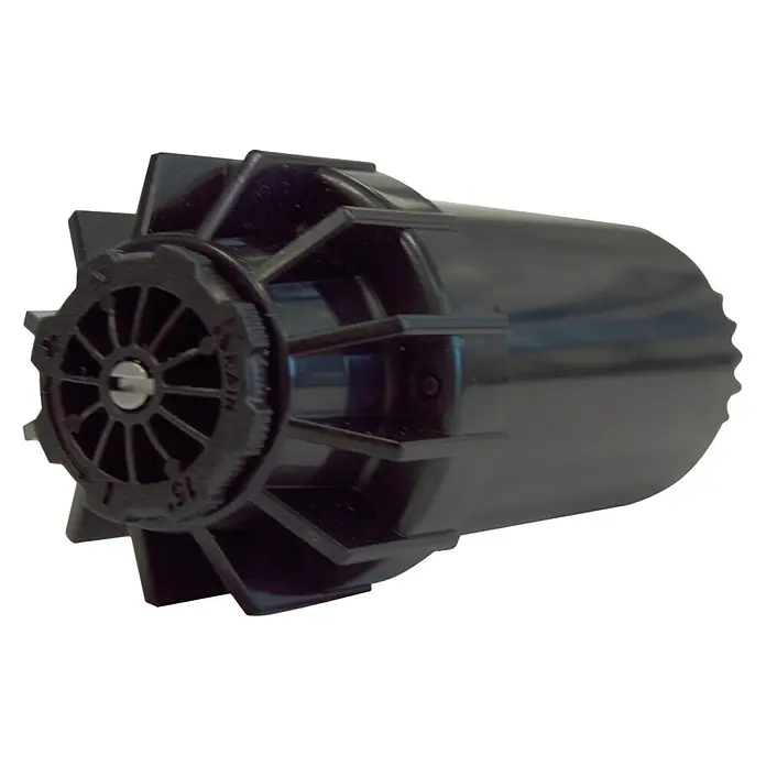 Orbit Aspersor emergente - 5 cm, Sector de riego por aspersión: 0 ° - 360 ° - Primer plano de un cabezal de aspersión de engranajes negro, destacando sus detalles y construcción.