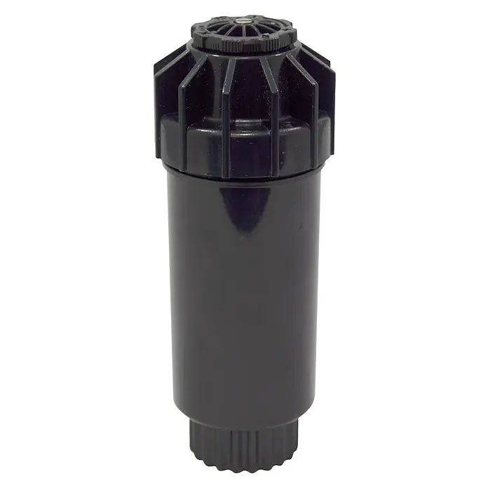 Orbit Aspersor emergente - 5 cm, Sector de riego por aspersión: 0 ° - 360 ° - Primer plano de un aspersor de césped negro con cabezal ajustable y base acanalada.