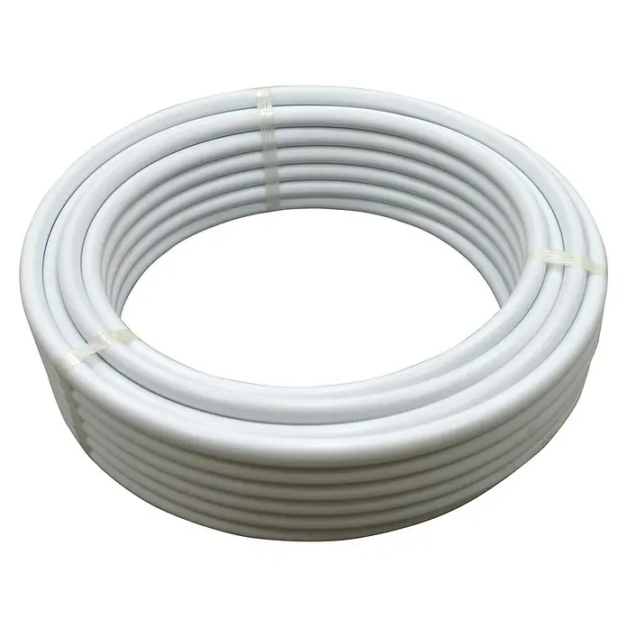 Tubo PE goteo Bicapa - Ø x L: 16 mm x 25 m, Blanco - Un rollo de tubo PEX blanco, sujeto con bridas, diseñado para aplicaciones de fontanería y calefacción.