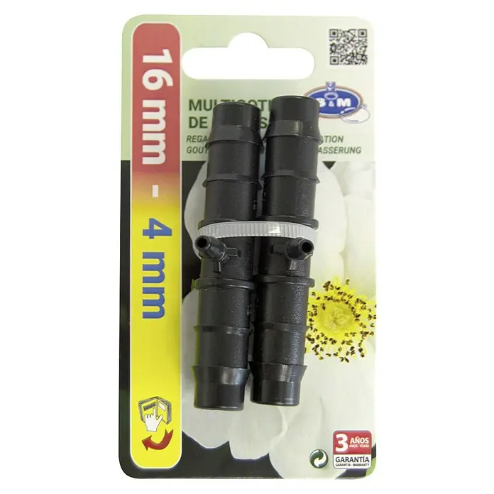 Pieza T Goteo - Diámetro: 4 mm, 2 ud. - Primer plano de dos conectores de riego negros en un envase de producto, que muestra las dimensiones de 16 mm - 4 mm.