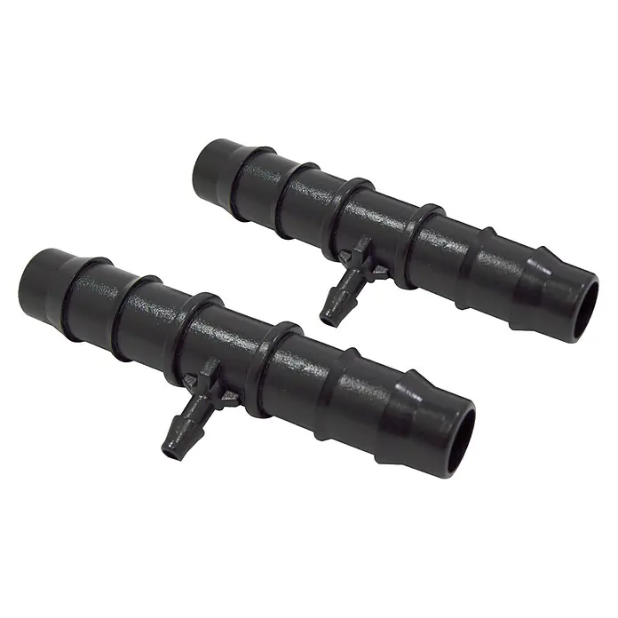 Pieza T Goteo - Diámetro: 4 mm, 2 ud. - Dos conectores de manguera negros en forma de T para sistemas de riego, que proporcionan una conexión y ramificación fiables de las mangueras.