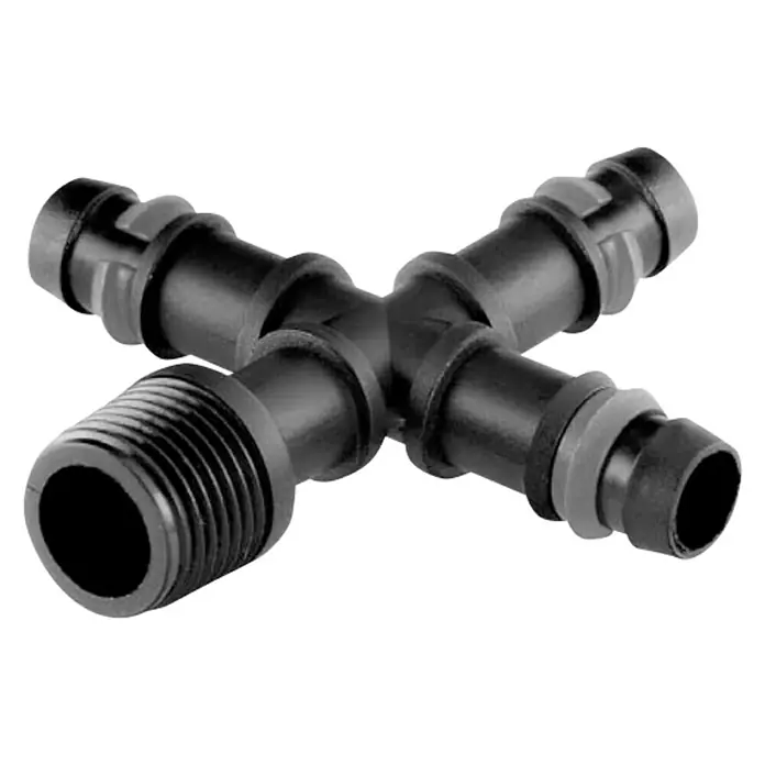 Cruceta goteo - 16 mm, 1 ud. - La imagen muestra una T de irrigación negra con rosca y lengüeta. Un accesorio útil para el riego del jardín, que garantiza una distribución eficiente del agua.