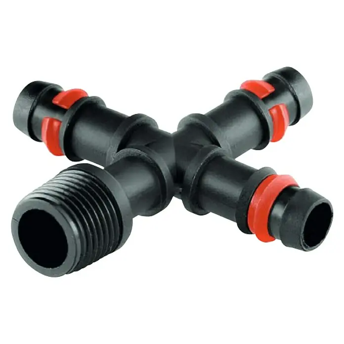 Cruceta goteo - 16 mm, 1 ud. - Conexión en T de plástico negro con sello rojo para riego de jardín, con conector roscado.