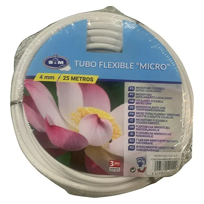 Tubo de goteo - Ø x L: 4 mm x 25 cm, Riego de jardín - Imagen de un rollo de tubo flexible Micro S&M, de 4 mm x 25 metros, para irrigación de precisión en jardín o agricultura.