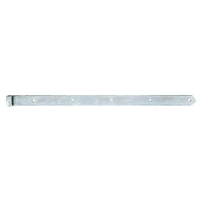 Stabilit Scharnier - L x B: 800 x 45 mm, Stärke: 5 mm, Verzinkt - Ein langer, silberner Ladenband-Scharnier, perfekt für robuste Türen und Tore, präsentiert sich auf einem schwarzen Hintergrund.