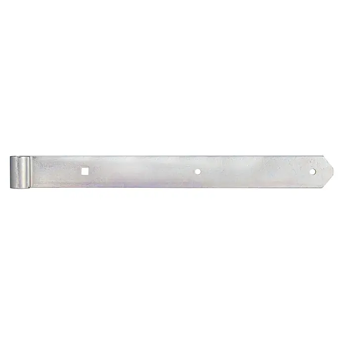 Stabilit Scharnier - L x B: 400 x 40 mm, Stärke: 5 mm, Verzinkt - Eine lange, silberne Torband mit Befestigungslöchern, perfekt für robuste Torbefestigungen und langlebige Konstruktionen.