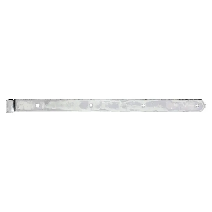 Stabilit Scharnier - L x B: 600 x 40 mm, Stärke: 5 mm, Verzinkt - Ein verzinktes Riegelband mit einem Drehgelenk auf der linken Seite und fünf Löchern zur Befestigung des Bands an einer Oberfläche.