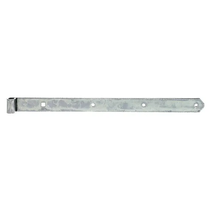 Stabilit Scharnier - L x B: 600 x 45 mm, Stärke: 5 mm, Verzinkt - Ein silbernes, flaches Scharnierband mit mehreren Löchern und einer abgerundeten Spitze zur Befestigung an einer Tür oder einem Tor.