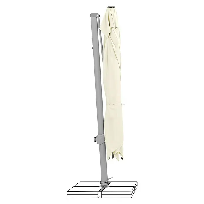 Suncomfort Ampelschirm Varioflex - Ecru, Bespannungsmaß (L x B): 300 x 300 cm - Detailaufnahme eines geschlossenen Sonnenschirms mit beigem Stoff und grauem Ständer auf einer weißen Basis.