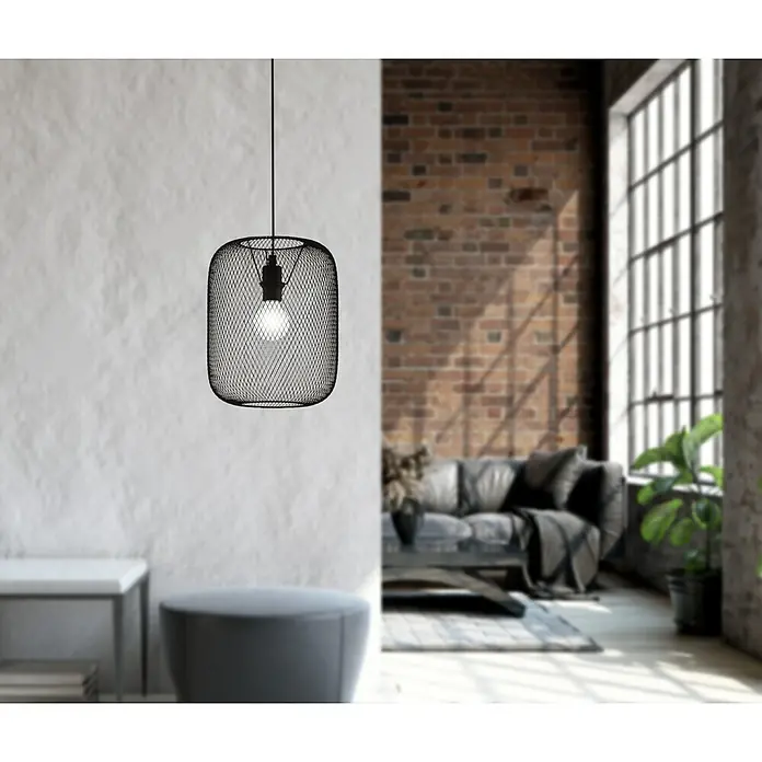 Eglo Wrington Pendelleuchte - 60 W, Schwarz, 300 mm - Hängeleuchte mit schwarzem Drahtgeflecht-Schirm. Das moderne Design passt perfekt in ein Wohnzimmer oder über einen Esstisch.
