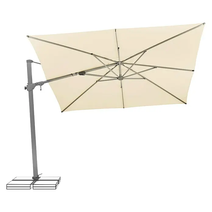 Suncomfort Ampelschirm Varioflex - Ecru, Bespannungsmaß (L x B): 300 x 300 cm - Bild eines rechteckigen Sonnenschirms in Beige mit grauem Ständer und Basis, ideal für den Garten. Sorgt für Schatten und Komfort im Freien.