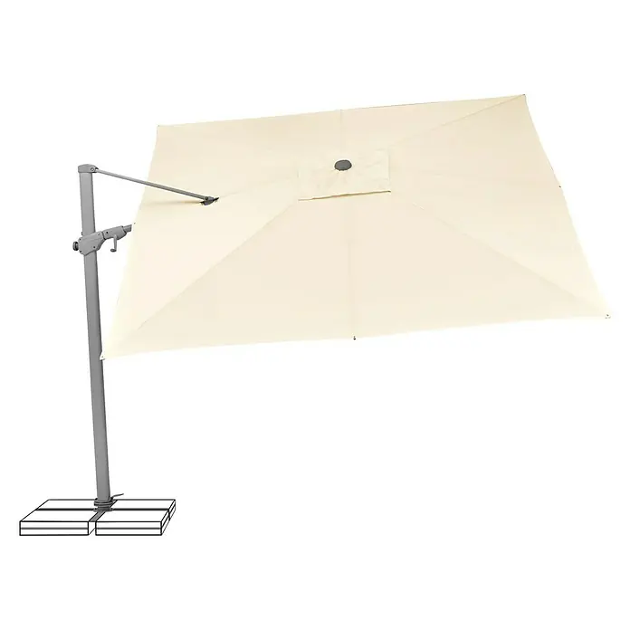 Suncomfort Ampelschirm Varioflex - Ecru, Bespannungsmaß (L x B): 300 x 300 cm - Eine elegante Nahaufnahme eines rechteckigen Sonnenschirms in einem sanften Beigeton, der auf einem stabilen, seitlich angebrachten Ständer montiert ist.