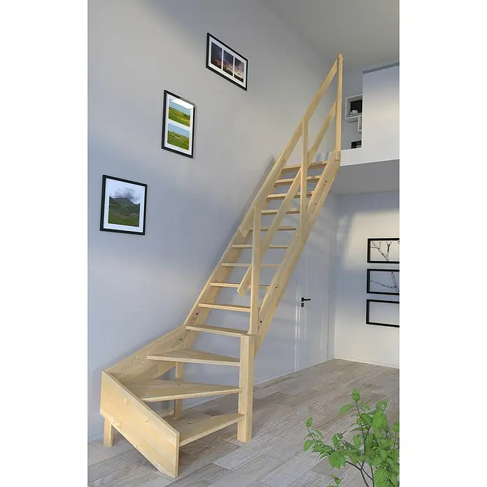 Starwood Raumspartreppe KorfuBreite: 79 cm, Fichte, Geschosshöhe: 300 cm, 1/4-gewendelt rechts, Montageseite Geländer: Wahlweise links/rechts, Geländer Holz, Ohne Setzstufen - Helle Holztreppe mit Handlauf führt zu einem Zwischengeschoss, an der Wand hängen gerahmte Bilder.