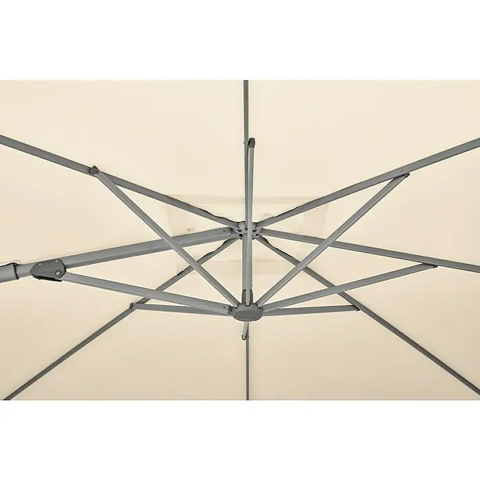 Suncomfort Ampelschirm VarioflexEcru, Bespannungsmaß (L x B): 300 x 300 cm - Detailaufnahme der soliden Unterkonstruktion eines Outdoor-Sonnenschirms, die Stabilität und Langlebigkeit verspricht.