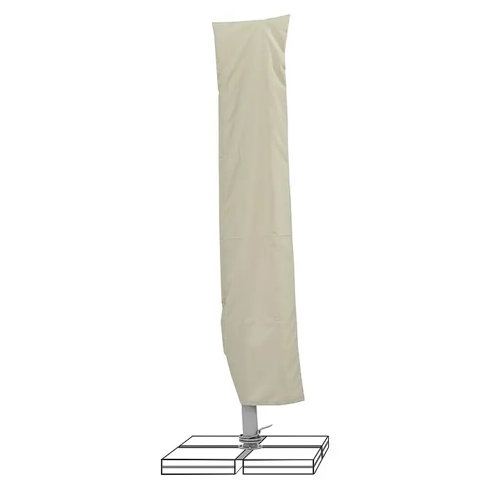 Suncomfort Ampelschirm Varioflex - Light Taupe, Bespannungsmaß (L x B): 300 x 300 cm - Eine beigefarbene Schutzhülle für einen Gartenschirm steht auf einer grauen, quadratischen Basis. Sie schützt den Schirm vor Witterungseinflüssen.