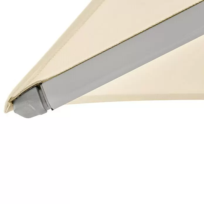 Suncomfort Ampelschirm Varioflex - Ecru, Bespannungsmaß (L x B): 300 x 300 cm - Nahaufnahme eines cremefarbenen Markisenstoffs, der an einem grauen Metallarm befestigt ist.