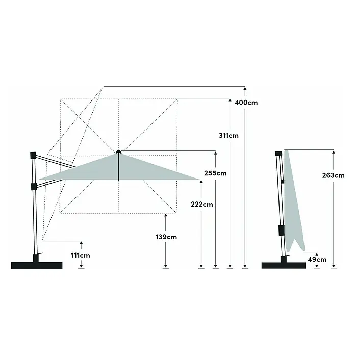 Suncomfort Ampelschirm Varioflex - Light Taupe, Bespannungsmaß (L x B): 300 x 300 cm - Abmessungen des freitragenden Sonnenschirms im geöffneten und geschlossenen Zustand mit Höhenangaben in Zentimetern.